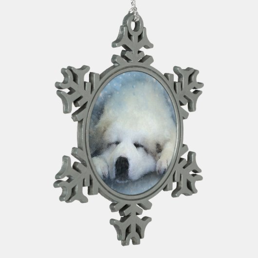 Aquarell-große Pyrenäen-Schlafenwelpe Schneeflocken Zinn-Ornament (Links)