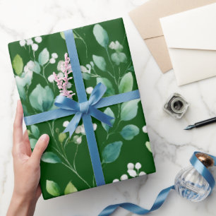 Aquarell Grün Blatt Weiß Blumenmuster Geschenkpapier