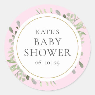 Aquarell Grün Blätter Rosa Baby Girl Shower Runder Aufkleber