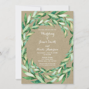 Aquarell Grün Blätter Rustikale Kraft Hochzeit Einladung