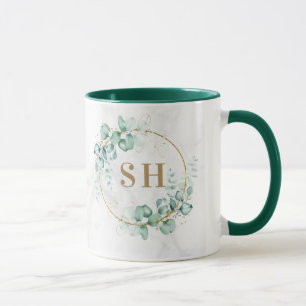 Aquarell Grün Eukalyptus Gold Monogramm Hochzeit  Tasse