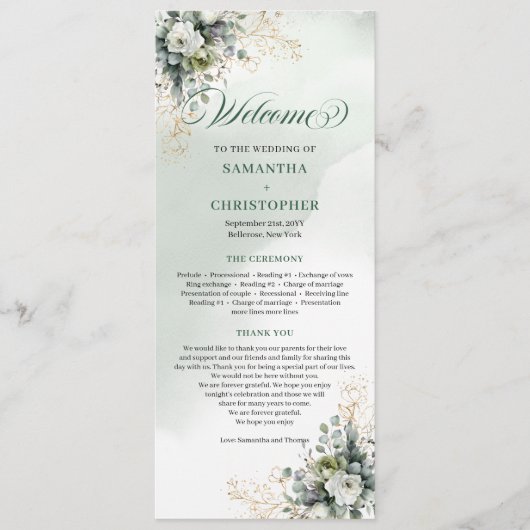 Aquarell-Grün-Gold-Botanisches-Hochzeitsprogramm Programm (Vorderseite)