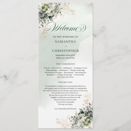 Aquarell-Grün-Gold-Hochzeitsprogramm Programm (Vorderseite)
