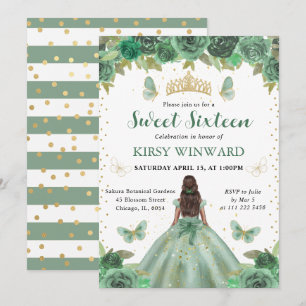 Aquarell Grün & Gold Prinzessin Sweet 16 Einladung