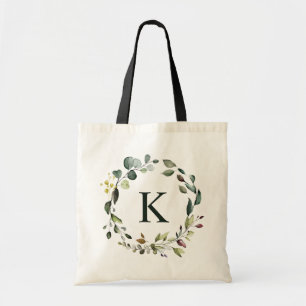 Aquarell-Grün-Kranz-Monogramm-Brautjungfer Tragetasche