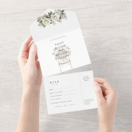 Aquarell-Grün mit weißen Rosen Hochzeit RSVP-Karte All In One Einladung