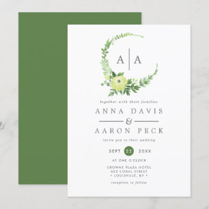 Aquarell-Grün-Monogramm-Kranz-Hochzeit Einladung