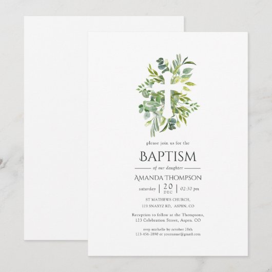 Aquarell-Grün-Taufe oder Christening Einladung (Vorne/Hinten)