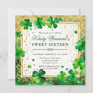 Aquarell Grün und Gold Kleeblatt Sweet Sixteen Einladung