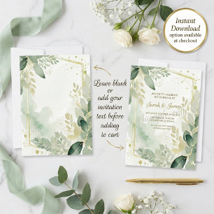 Aquarell-Grün und goldene leere Hochzeit Einladung