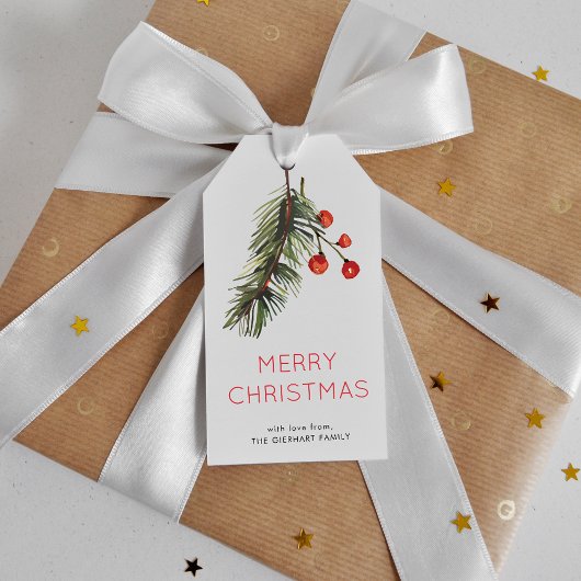 Aquarell Grün und Rote Pinien Weihnachten Geschenkanhänger