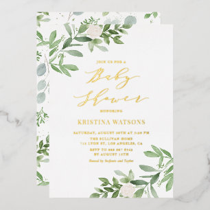 Aquarell-Grün und weiße Blumen-Baby-Party Folieneinladung