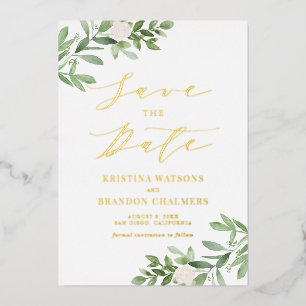 Aquarell Grün Weiße Blumen Save The Date Folieneinladung
