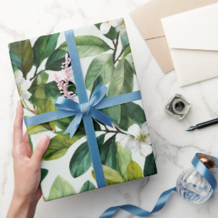 Aquarell Grünblatt Weiß Blumenmuster Geschenkpapier