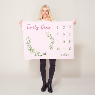 Aquarell Grüne Blätter Pink Baby Meilenstein Fleecedecke