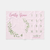 Aquarell Grüne Blätter Pink Baby Meilenstein Fleecedecke (Vorderseite (Horizontal))
