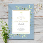 Aquarell Grüne Dusty Blue Boy Taufe Einladung<br><div class="desc">Diese stilvolle Taufe mit zarten Aquarellfarben-Blätter und einem eleganten Goldkruzifix | Taufeinladung kann mit Ihren speziellen Informationen personalisiert werden,  mit einem staubblauen Hintergrund auf der Rückseite. Entwickelt von Thisisnotme©</div>