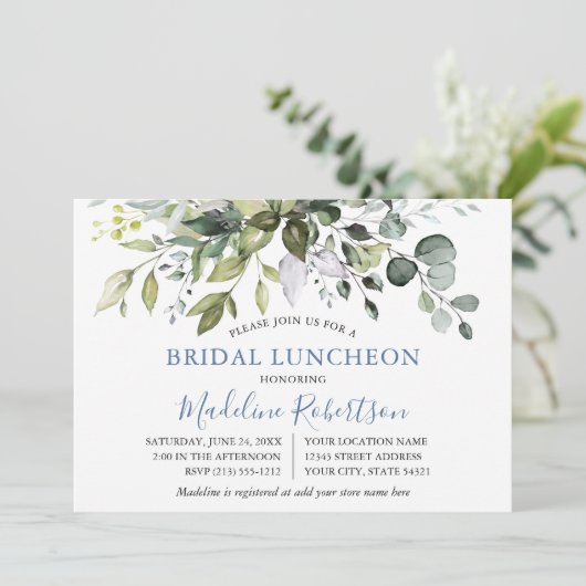 Aquarell Grüne Dusty Blue Bridal Luncheon Einladung (Stehend Vorderseite)