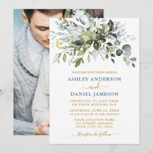 Aquarell Grüne Dusty Blue Foto GoldWedding Einladung