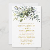 Aquarell Grüne Dusty Blue Foto Wedding Gold Einladung (Vorderseite)