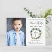 Aquarell Grüne Erste Kommunion Silberes Foto Einladung (Stehend Vorderseite)
