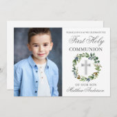 Aquarell Grüne Erste Kommunion Silberes Foto Einladung (Vorne/Hinten)