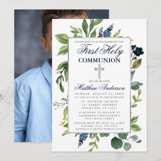 Aquarell Grüne Erstklassige Kommunion Foto Einladung (Vorne/Hinten)