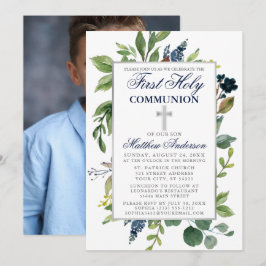Aquarell Grüne Erstklassige Kommunion Foto Einladung