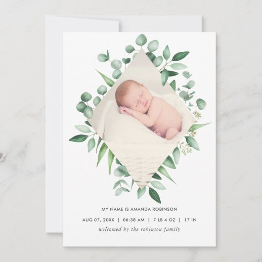 Aquarell Grüne Geburtsankündigung Foto-Karte Ankündigung (Vorderseite)