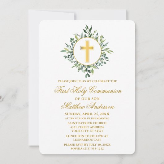 Aquarell Grüne Goldene Kreuz Erste Kommune Einladung (Vorderseite)