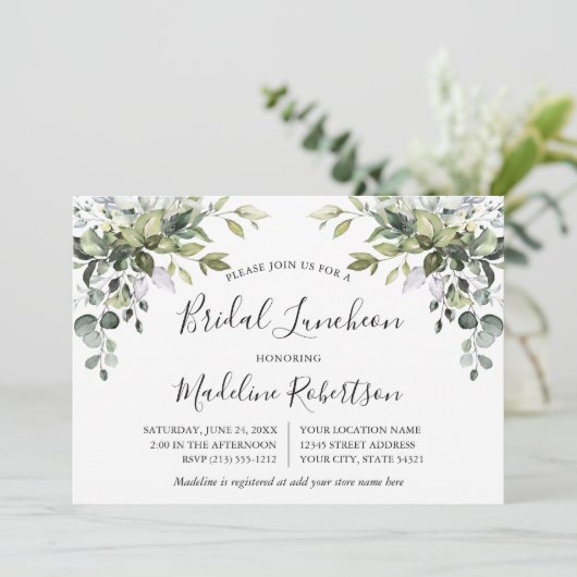 Aquarell Grüne Kalligrafie Bridal Luncheon Einladung (Stehend Vorderseite)