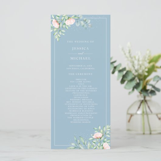 Aquarell Grüne Peach Rose Dusty Blue Wedding Programm (Stehend Vorderseite)