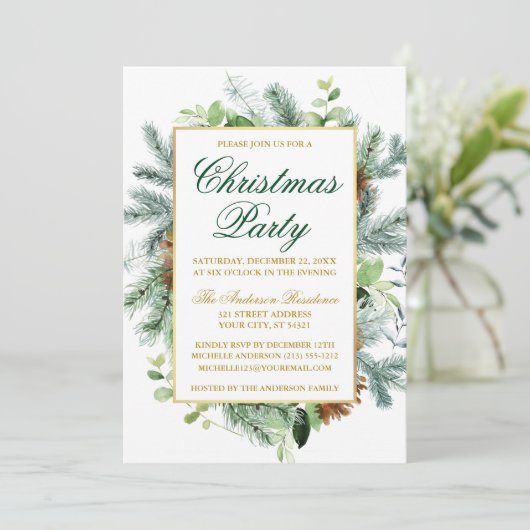 Aquarell Grüne Pinakothek Weihnachtsfest Party Gol Einladung (Stehend Vorderseite)