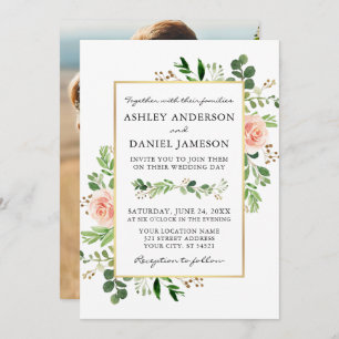 Aquarell Grüne Rosen Foto Zurück Hochzeit Einladung