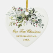 Aquarell Grüne Rote Berries Gold Herzchen Paar Keramik Ornament (Vorne)