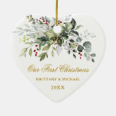 Aquarell Grüne Rote Berries Gold Herzchen Paar Keramik Ornament (Hinten)