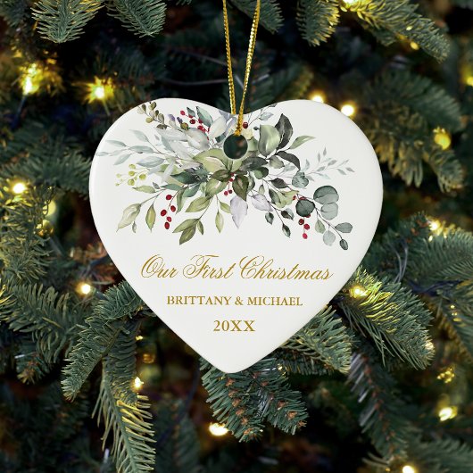 Aquarell Grüne Rote Berries Gold Herzchen Paar Keramik Ornament