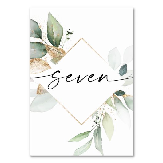 Aquarell Grüne und Goldene Tischnummern Seven (Vorderseite)