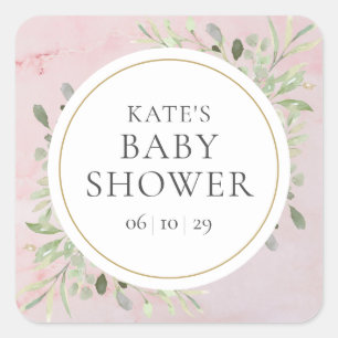 Aquarell Grünes Mädchen-Baby-Party Pink Marmor Quadratischer Aufkleber