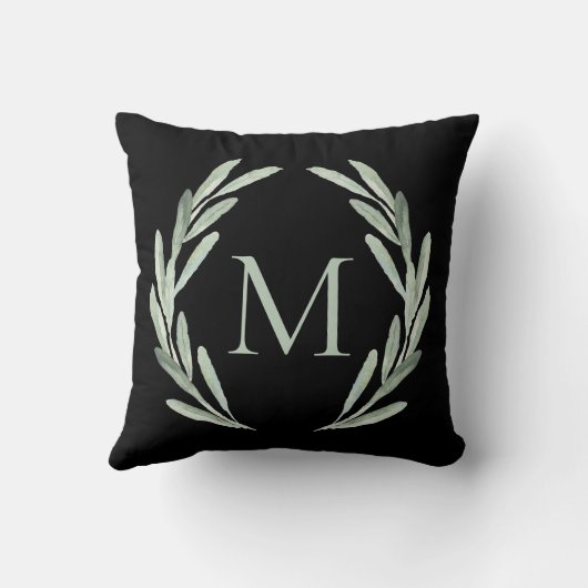 Aquarell-grünes Ölzweig-Kranz-Monogramm Kissen (Rückseite)
