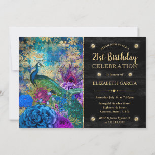 Aquarell-Grunge-Pfau und Blumen Geburtstag Einladung