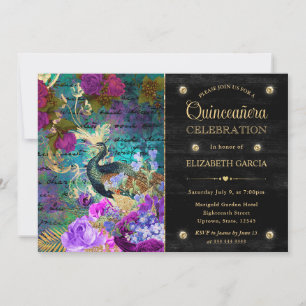 Aquarell-Grunge-Pfau und Blumen Quinceanera Einladung