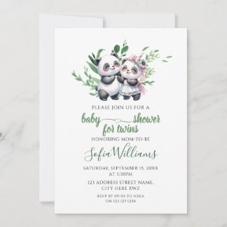 Aquarell Grünheit Süße Panda Zwillinge Baby Mädche Einladung