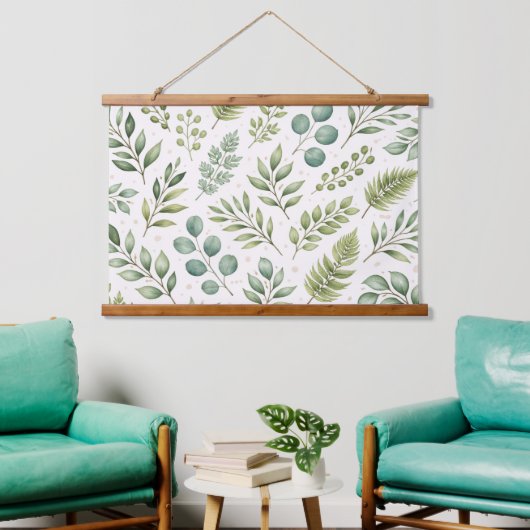 Aquarell-Grünmuster | Botanische Blätter Wandteppich Mit Holzrahmen (Wohnzimmer)