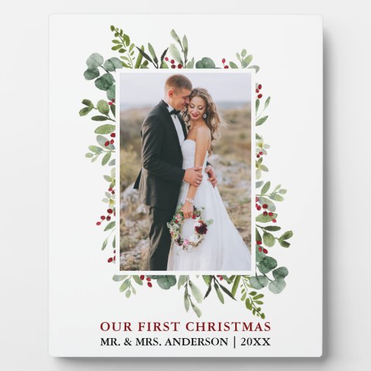 Aquarell Grünpflanzen Berries Neu verheiratetes Fo Fotoplatte (Vorderseite)