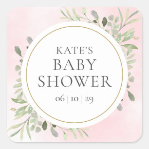 Aquarell-Grünpflanzen-Mädchen-Rosa-Baby-Party Quadratischer Aufkleber