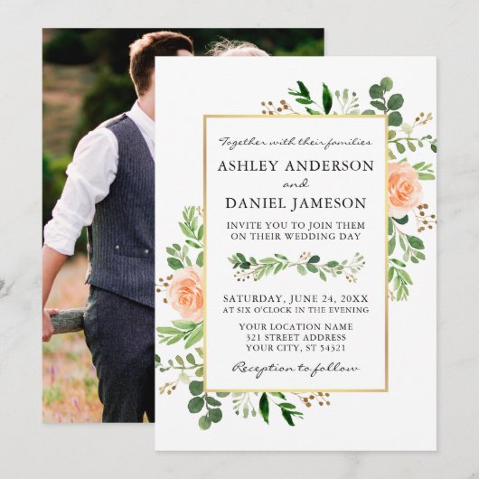 Aquarell Grünpflanzen Peach Rose Foto Back Wedding Einladung (Vorne/Hinten)