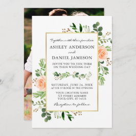 Aquarell Grünpflanzen Peach Rose Foto Back Wedding Einladung