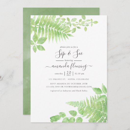 Aquarell Grünpflanzen Sip and See Einladung (Vorne/Hinten)