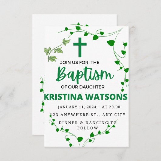 Aquarell Grünpflanzen und Blume Taufe Einladung (Vorne/Hinten)